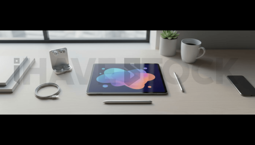Cinematic landing page   UI concept — tablet screen UI concept screen (shape layout, no text), clean tech workspace with natural light — premium digital advertising asset #0126