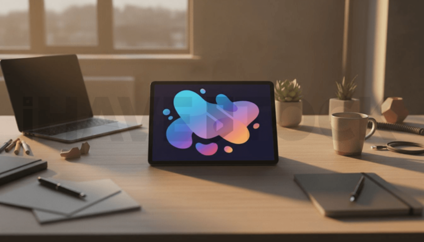Cinematic landing page   UI concept — tablet screen UI concept screen (shape layout, no text), creative startup workspace — premium digital advertising asset #0110