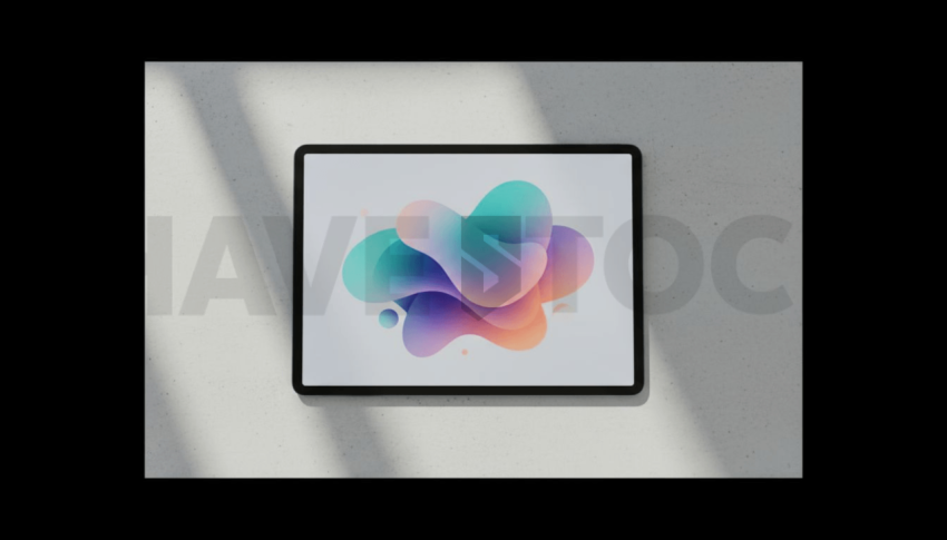 Cinematic landing page   UI concept — tablet screen UI concept screen (shape layout, no text), digital product design studio — premium digital advertising asset #0138