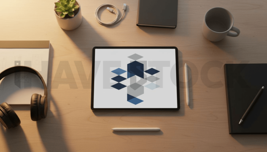 Cinematic landing page   UI concept — tablet screen UI concept screen (shape layout, no text), creative startup workspace — premium digital advertising asset #0096