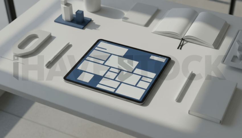 Cinematic landing page   UI concept — tablet screen UI concept screen (shape layout, no text), digital product design studio — premium digital advertising asset #0040