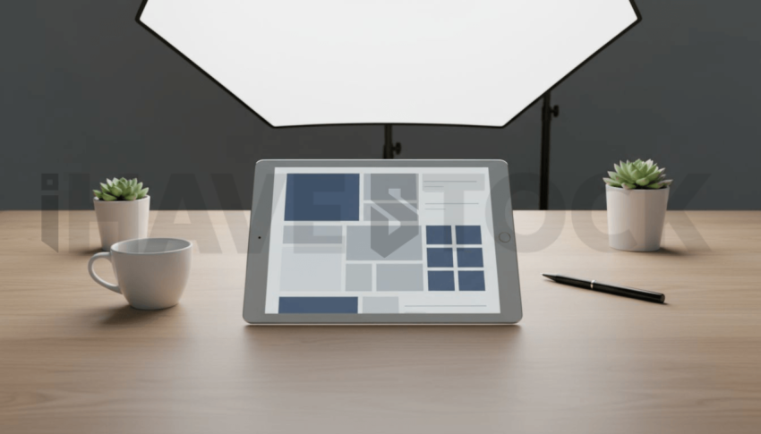Cinematic landing page   UI concept — tablet screen UI concept screen (shape layout, no text), modern SaaS office environment — premium digital advertising asset #0092