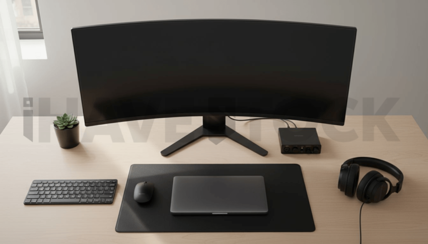 Cinematic landing page   UI concept — ultrawide display screen 100  empty mockup screen, clean tech workspace with natural light — premium digital advertising asset #0095