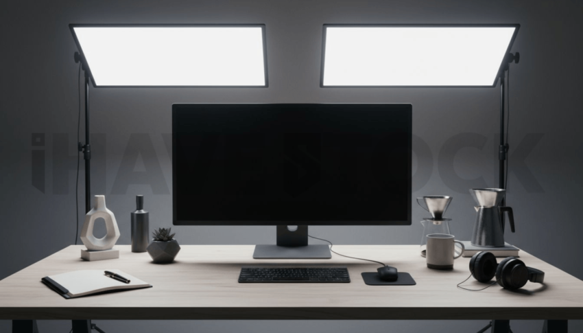 Cinematic landing page   UI concept — ultrawide display screen 100  empty mockup screen, creative startup workspace — premium digital advertising asset #0051