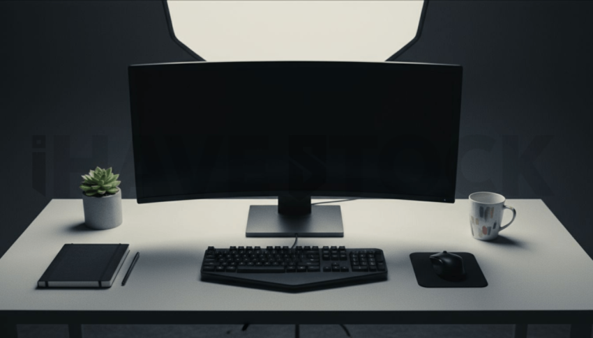 Cinematic landing page   UI concept — ultrawide display screen 100  empty mockup screen, creative startup workspace — premium digital advertising asset #0047