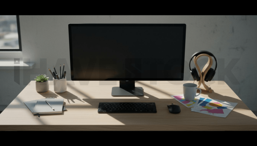 Cinematic landing page   UI concept — ultrawide display screen 100  empty mockup screen, creative startup workspace — premium digital advertising asset #0101