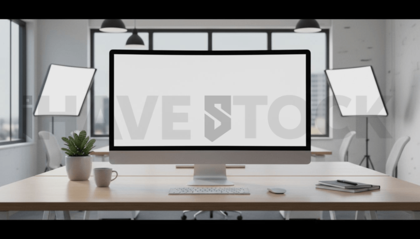 Cinematic landing page   UI concept — ultrawide display screen 100  empty mockup screen, modern SaaS office environment — premium digital advertising asset #0041