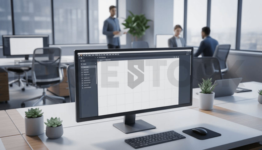 Cinematic landing page   UI concept — ultrawide display screen 100  empty mockup screen, modern SaaS office environment — premium digital advertising asset #0045