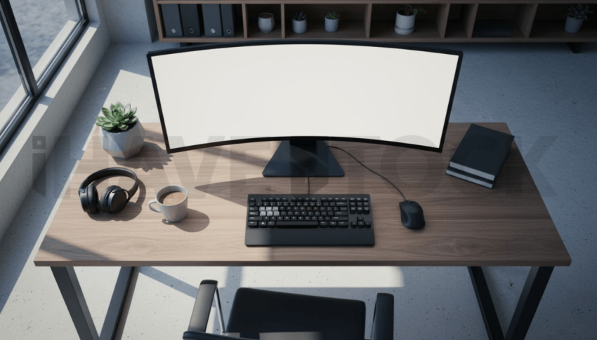 Cinematic landing page   UI concept — ultrawide display screen 100  empty mockup screen, modern SaaS office environment — premium digital advertising asset #0111