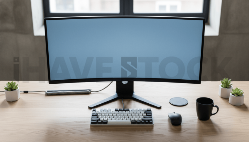 Cinematic landing page   UI concept — ultrawide display screen 100  empty mockup screen, premium minimalist workspace — premium digital advertising asset #0011