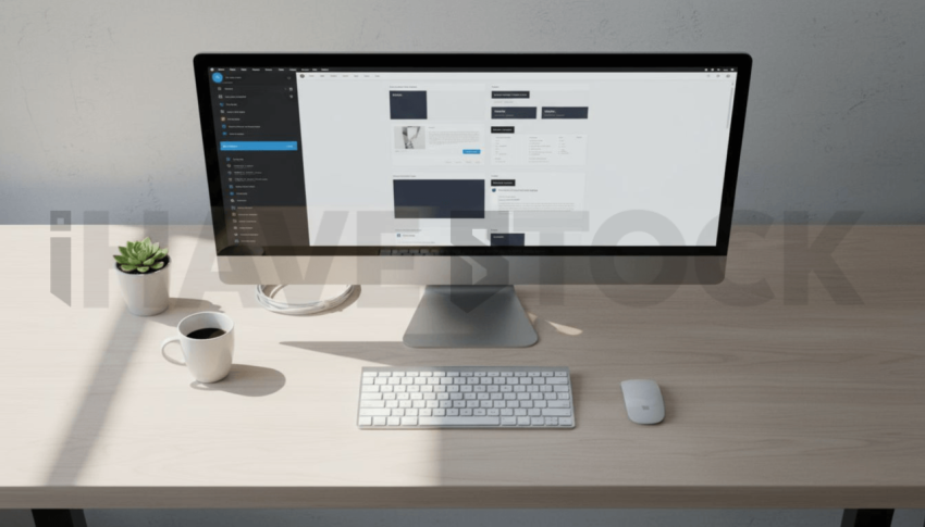 Cinematic landing page   UI concept — ultrawide display screen UI concept screen (shape layout, no text), clean tech workspace with natural light — premium digital advertising asset #0068