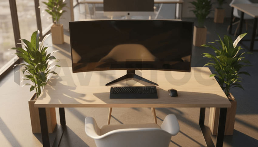 Cinematic landing page   UI concept — ultrawide display screen 100  empty mockup screen, modern SaaS office environment — premium digital advertising asset #0077