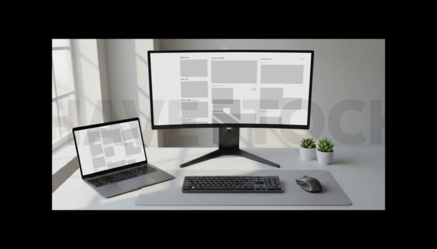 Cinematic landing page   UI concept — ultrawide display screen UI concept screen (shape layout, no text), clean tech workspace with natural light — premium digital advertising asset #0076