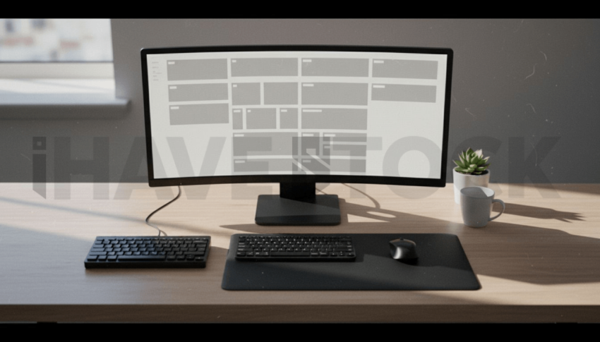 Cinematic landing page   UI concept — ultrawide display screen UI concept screen (shape layout, no text), clean tech workspace with natural light — premium digital advertising asset #0088
