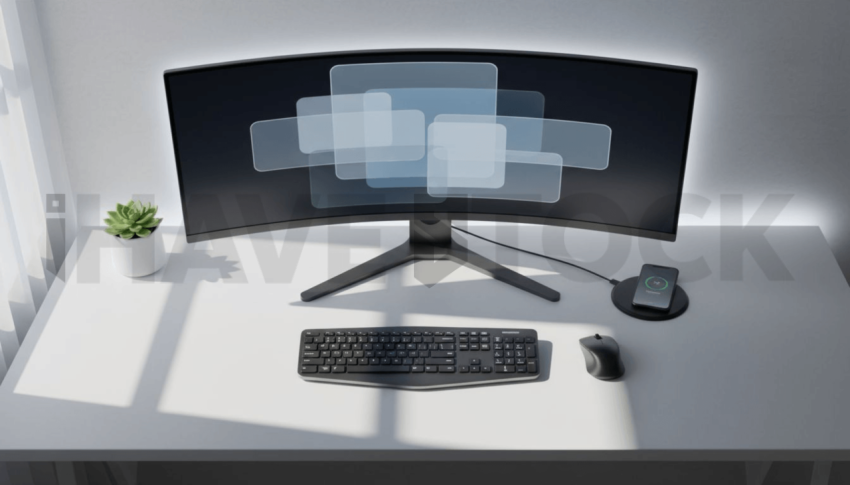 Cinematic landing page   UI concept — ultrawide display screen UI concept screen (shape layout, no text), clean tech workspace with natural light — premium digital advertising asset #0100