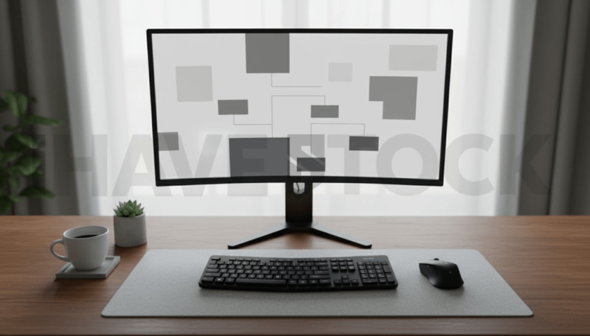 Cinematic landing page   UI concept — ultrawide display screen UI concept screen (shape layout, no text), clean tech workspace with natural light — premium digital advertising asset #0108