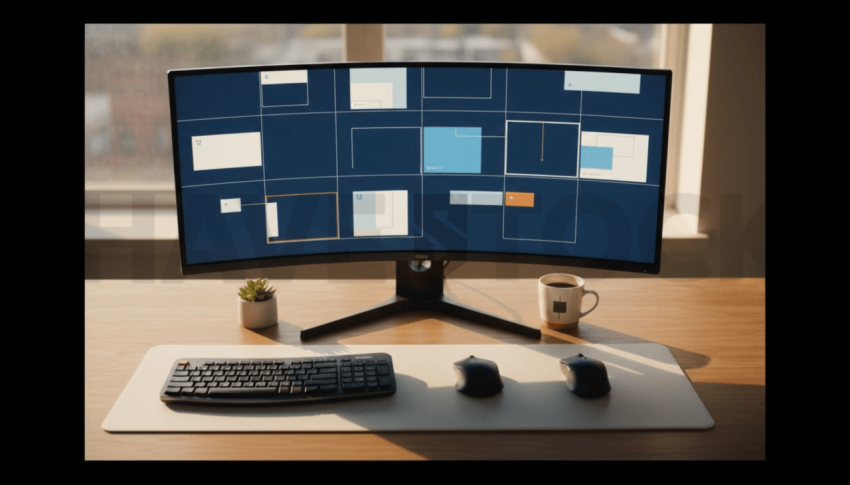 Cinematic landing page   UI concept — ultrawide display screen UI concept screen (shape layout, no text), clean tech workspace with natural light — premium digital advertising asset #0102