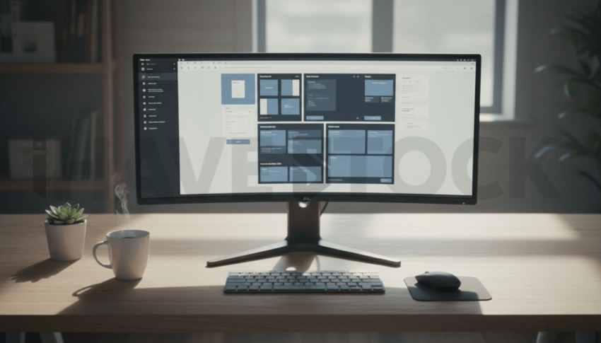 Cinematic landing page   UI concept — ultrawide display screen UI concept screen (shape layout, no text), creative startup workspace — premium digital advertising asset #0104