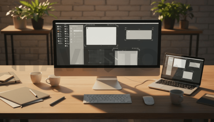 Cinematic landing page   UI concept — ultrawide display screen UI concept screen (shape layout, no text), creative startup workspace — premium digital advertising asset #0090