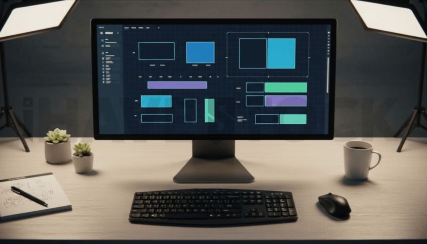 Cinematic landing page   UI concept — ultrawide display screen UI concept screen (shape layout, no text), creative startup workspace — premium digital advertising asset #0280