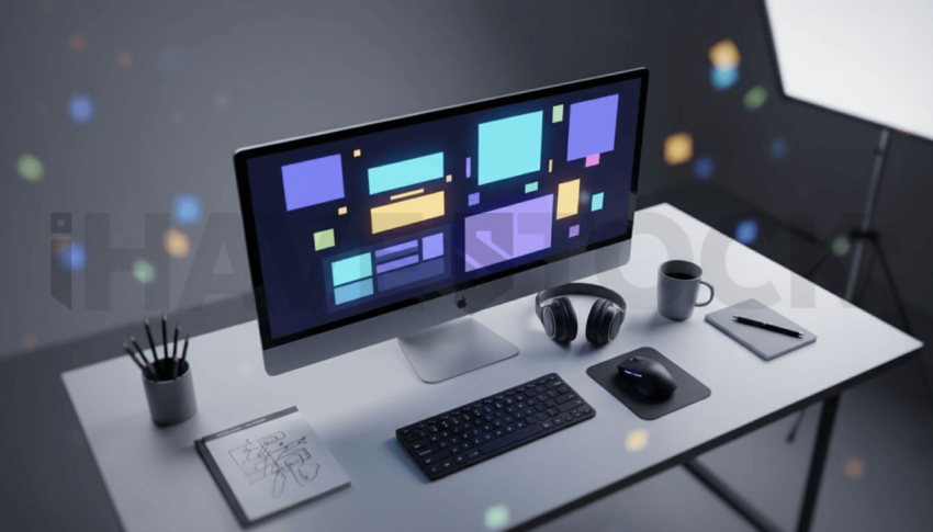 Cinematic landing page   UI concept — ultrawide display screen UI concept screen (shape layout, no text), creative startup workspace — premium digital advertising asset #0038