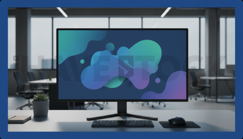 Cinematic landing page   UI concept — ultrawide display screen UI concept screen (shape layout, no text), modern SaaS office environment — premium digital advertising asset #0002