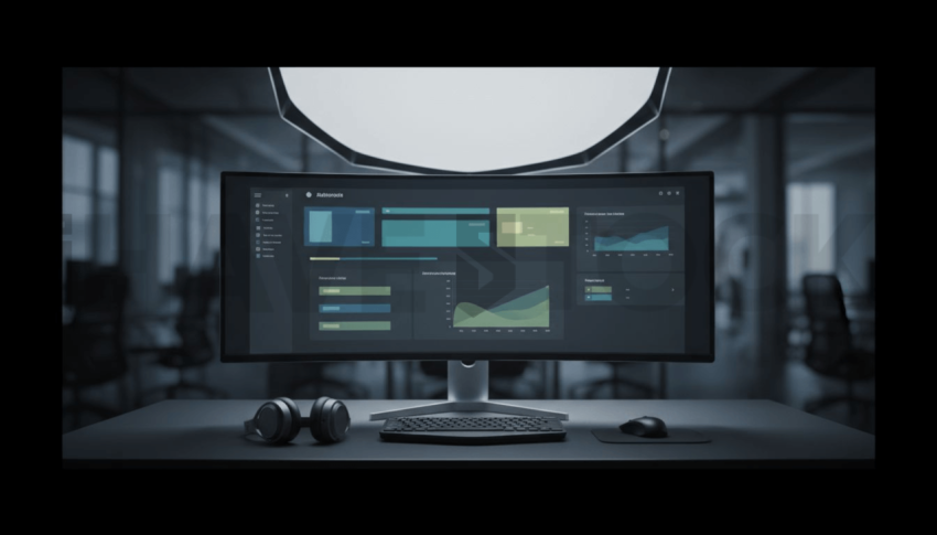 Cinematic landing page   UI concept — ultrawide display screen UI concept screen (shape layout, no text), modern SaaS office environment — premium digital advertising asset #0074