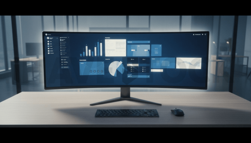 Cinematic landing page   UI concept — ultrawide display screen UI concept screen (shape layout, no text), modern SaaS office environment — premium digital advertising asset #0086