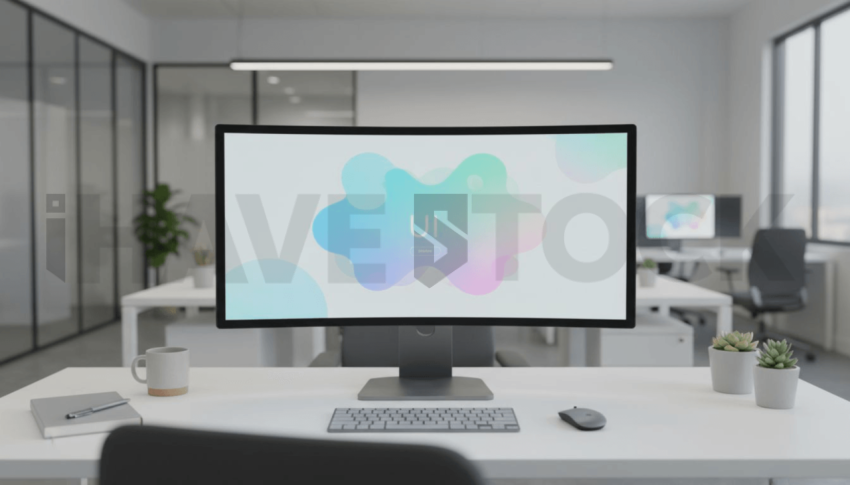 Cinematic landing page   UI concept — ultrawide display screen UI concept screen (shape layout, no text), modern SaaS office environment — premium digital advertising asset #0130