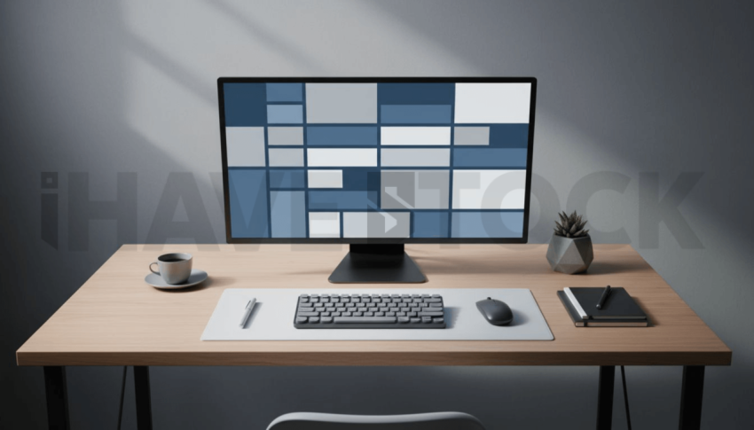 Cinematic landing page   UI concept — ultrawide display screen UI concept screen (shape layout, no text), premium minimalist workspace — premium digital advertising asset #0054