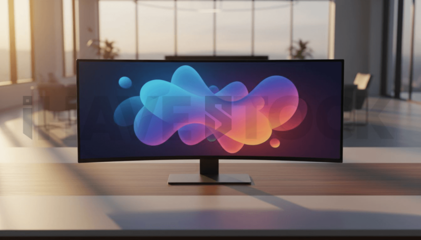 Cinematic landing page   UI concept — ultrawide display screen UI concept screen (shape layout, no text), modern SaaS office environment — premium digital advertising asset #0046