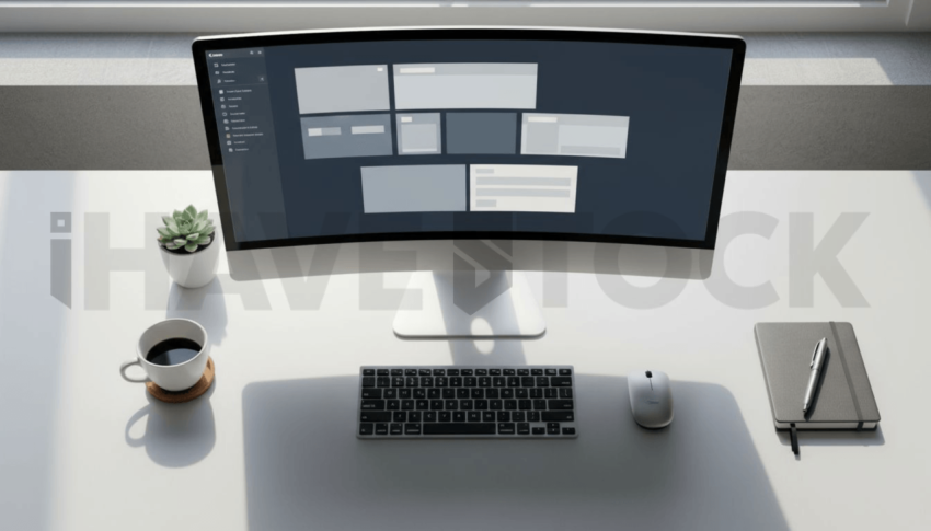 Cinematic landing page   UI concept — ultrawide display screen UI concept screen (shape layout, no text), premium minimalist workspace — premium digital advertising asset #0062