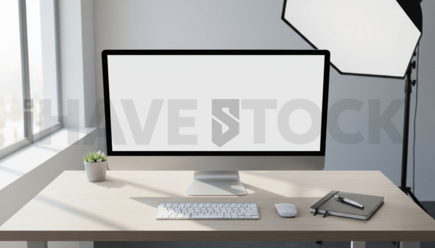 Cinematic landing page   UI concept — desktop monitor screen 100  empty mockup screen, clean tech workspace with natural light — premium digital advertising asset #0039