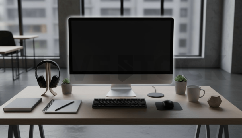 Cinematic landing page   UI concept — desktop monitor screen 100  empty mockup screen, creative startup workspace — premium digital advertising asset #0055