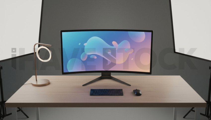 Cinematic landing page   UI concept — ultrawide display screen UI concept screen (shape layout, no text), premium minimalist workspace — premium digital advertising asset #0036