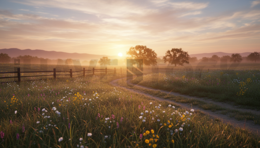 Sunrise Over Rural Meadow   Fields & Countryside