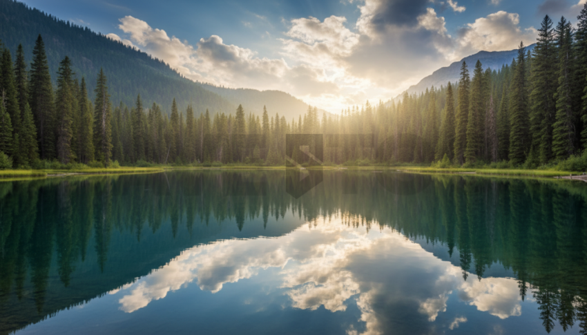 Mirror Lake Surrounded By Pines   Lakes & Rivers N&L RVS 0005