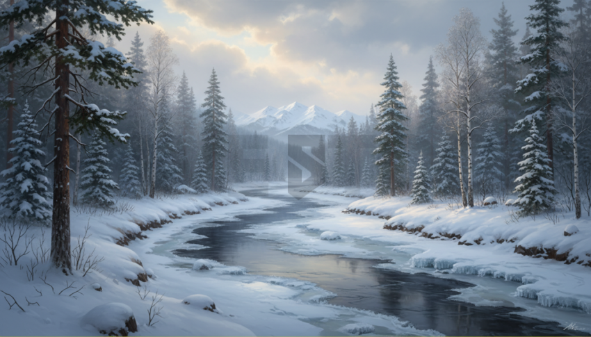 Icy River In Winter Forest   Winter & Snow N&L SNW 0075