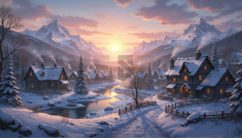 Snow Covered Village   Winter & Snow N&L SNW 0069