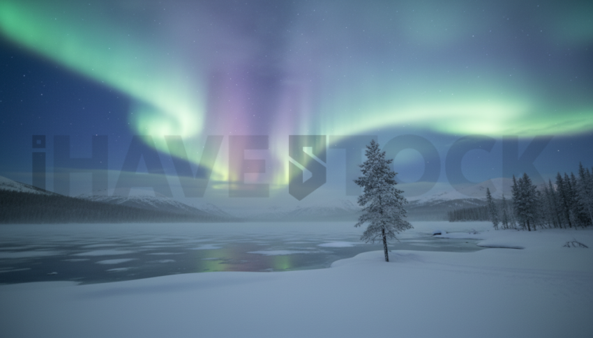 Aurora Borealis Over Snow   Winter & Snow N&L SNW 0010