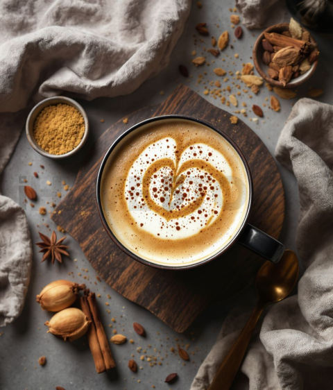 Chai Latte With Spices  Overcast Daylight Tabletop Scene FOD D&S 3682