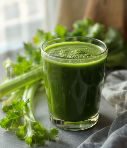 Green Juice With Celery  Diffused Morning Light Tabletop Scene FOD D&S 3828