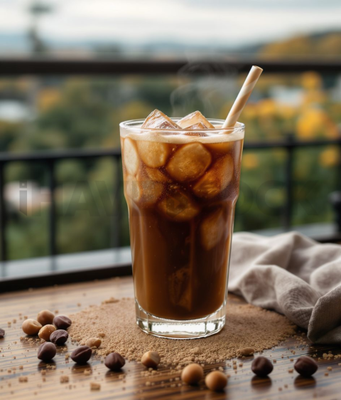 Hazelnut Iced Coffee  Overcast Daylight Tabletop Scene FOD D&S 3353