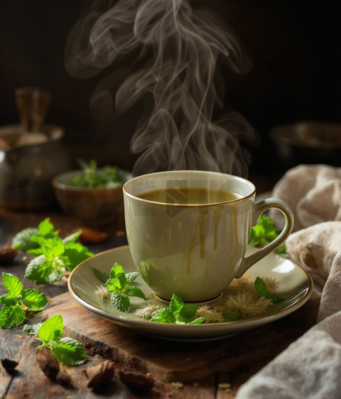 Peppermint Tea Steaming  Diffused Morning Light Tabletop Scene FOD D&S 3563
