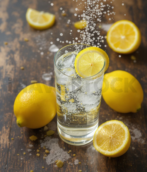 Sparkling Water With Lemon  Overcast Daylight Overhead FOD D&S 3919