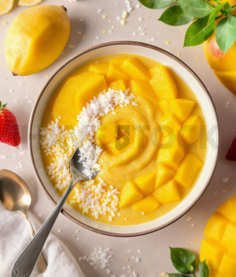 Tropical Smoothie Bowl With Mango And Coconut  Soft Golden Hour Macro Detail FOD D&S 3852