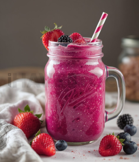 Berry Smoothie In Mason Jar  Overcast Daylight Tabletop Scene FOD D&S 4375