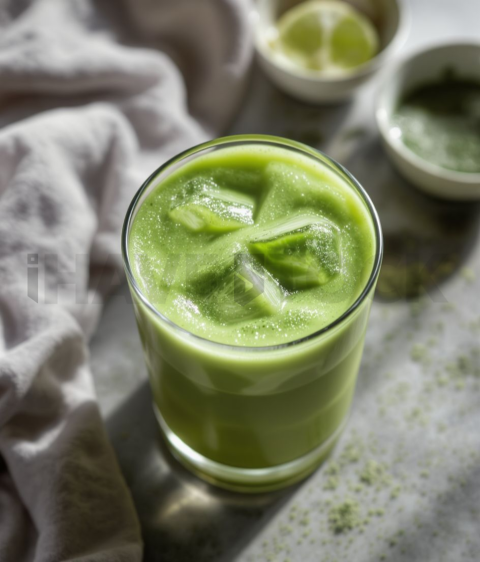 Iced Matcha Latte In Glass  Natural Window Light Overhead FOD D&S 3421