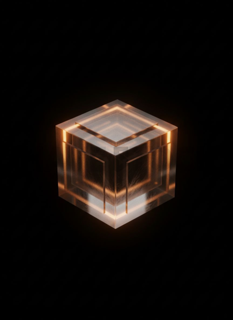 Glassy Floating Cube Amber Medium Glow Dark Glassmorphism Element 2025 – 8K
