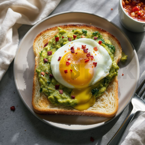 Avocado Toast With Poached Egg And Chili Flakes  Natural Window Light Overhead